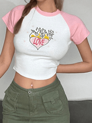 Heart Print Graceful Pocket Patch Jeans Tops&Tees