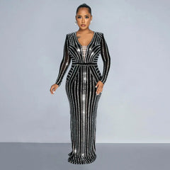 Crystal Rhinestone Long Party Dress Black / S Partydress-241208