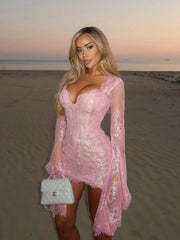 Whispers of Blush Lace Bell-Sleeve Mini Dress