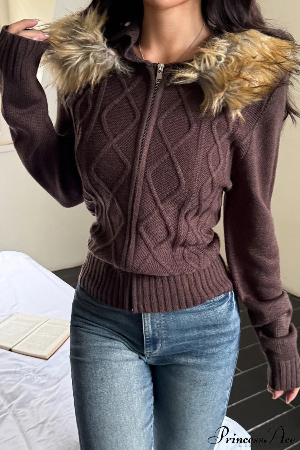 Knitted Fleece Collar Waist-Cinched Zip Hoodie Brown / S
