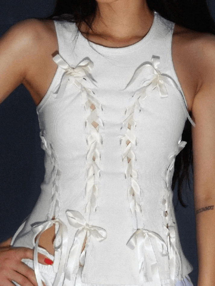 Lace Up Ribbed Cropped Tank Top Tops&Tees