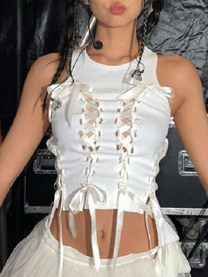 Lace Up Ribbed Cropped Tank Top Tops&Tees