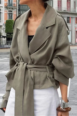 Lazy Casual Chic Wide Collar Tie Waist Trench Coat Green / S