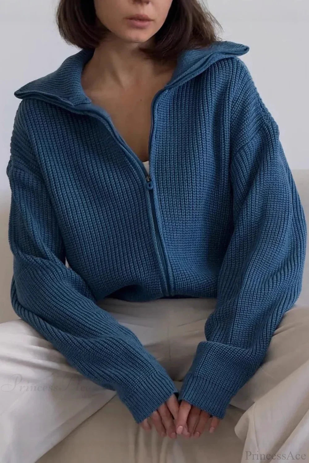 Loose Solid Zip Lapel Cardigan Blue / S