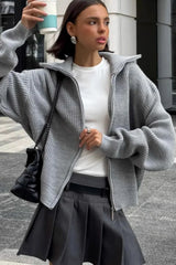 Loose Solid Zip Lapel Cardigan Grey / S