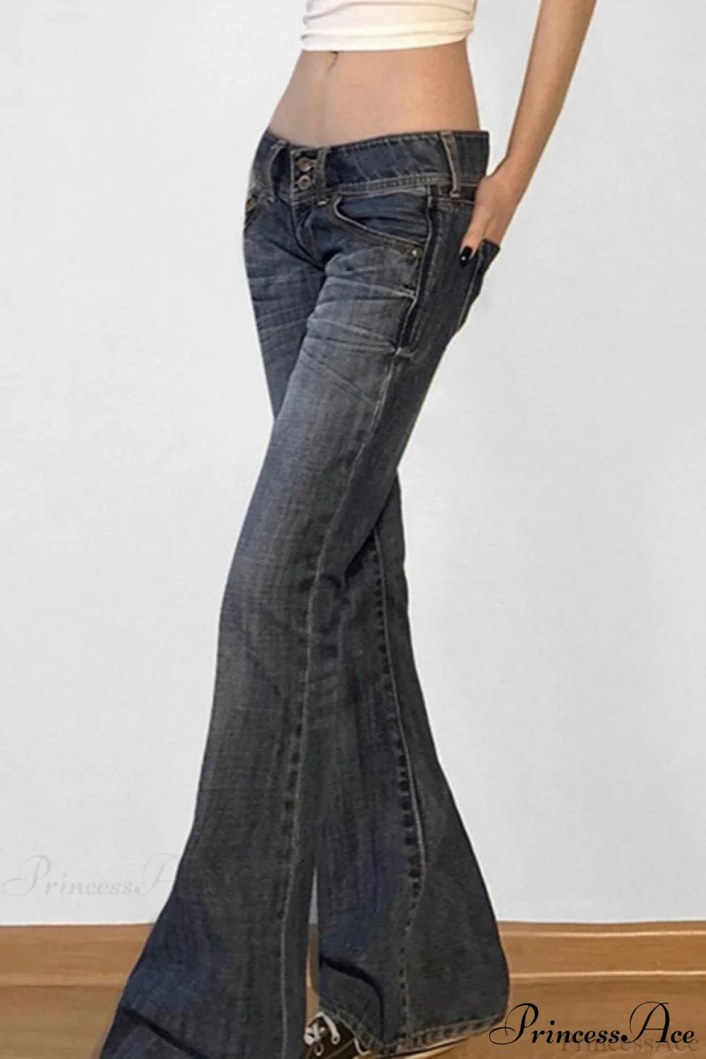 Low Waisted Washed Slim Flared Leg Jeans