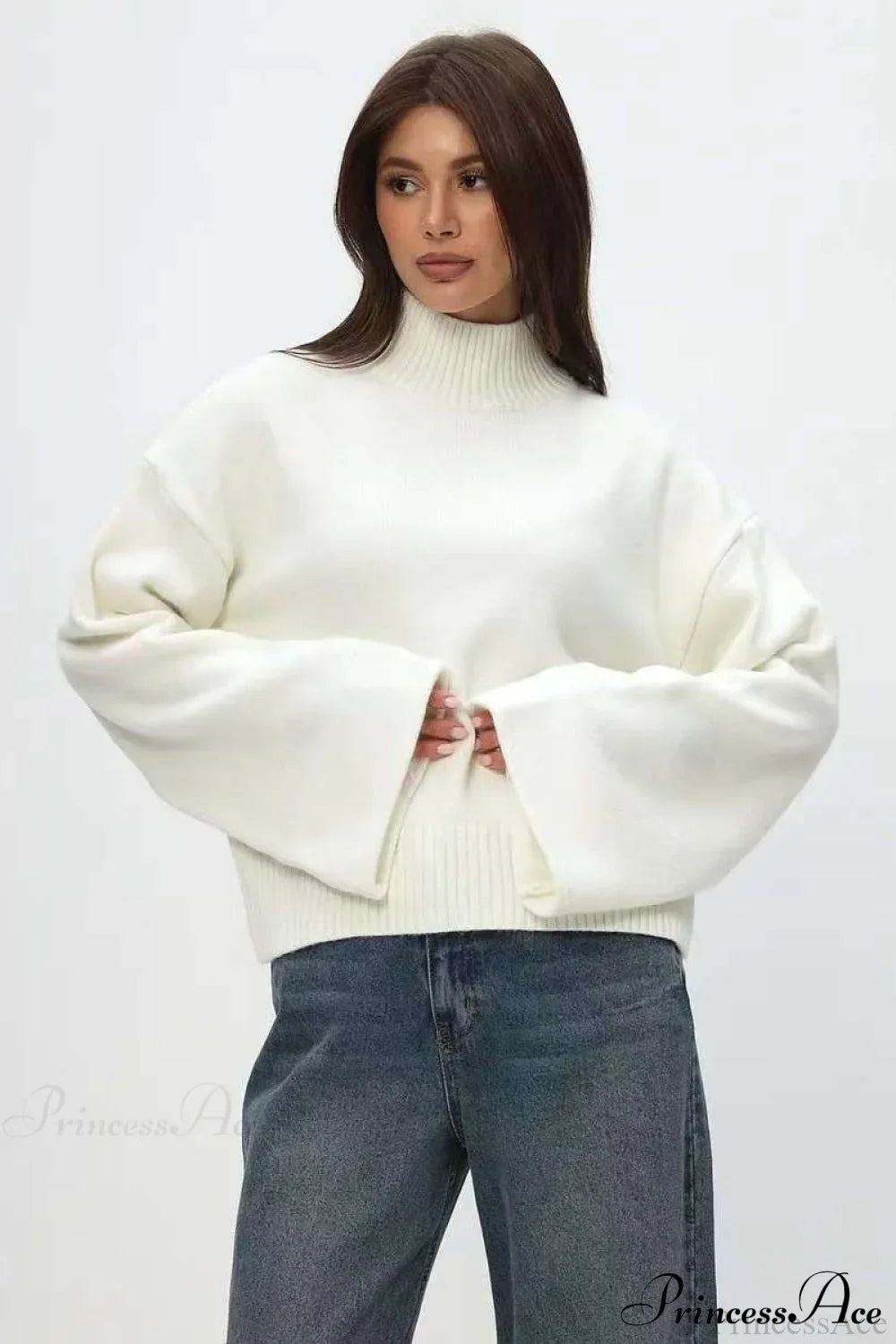 Mock Neck Bell-Sleeve Loose Short Sweater White / S