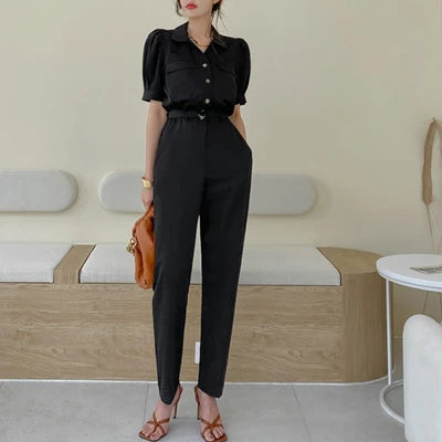 JuliaFashion - Elegant Korean Style Summer Short Sleeve Women's Black Jumpsuits