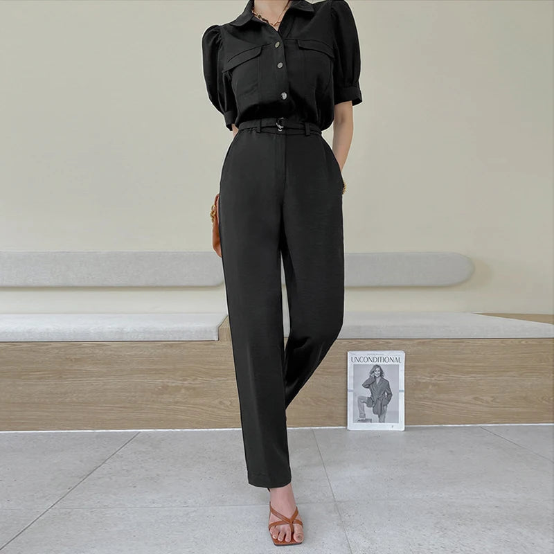 JuliaFashion - Elegant Korean Style Summer Short Sleeve Women's Black Jumpsuits