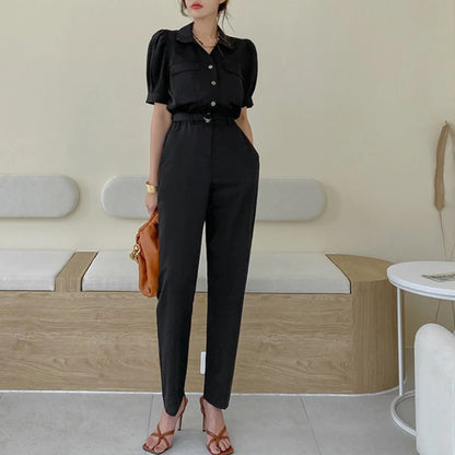 JuliaFashion - Elegant Korean Style Summer Short Sleeve Women's Black Jumpsuits