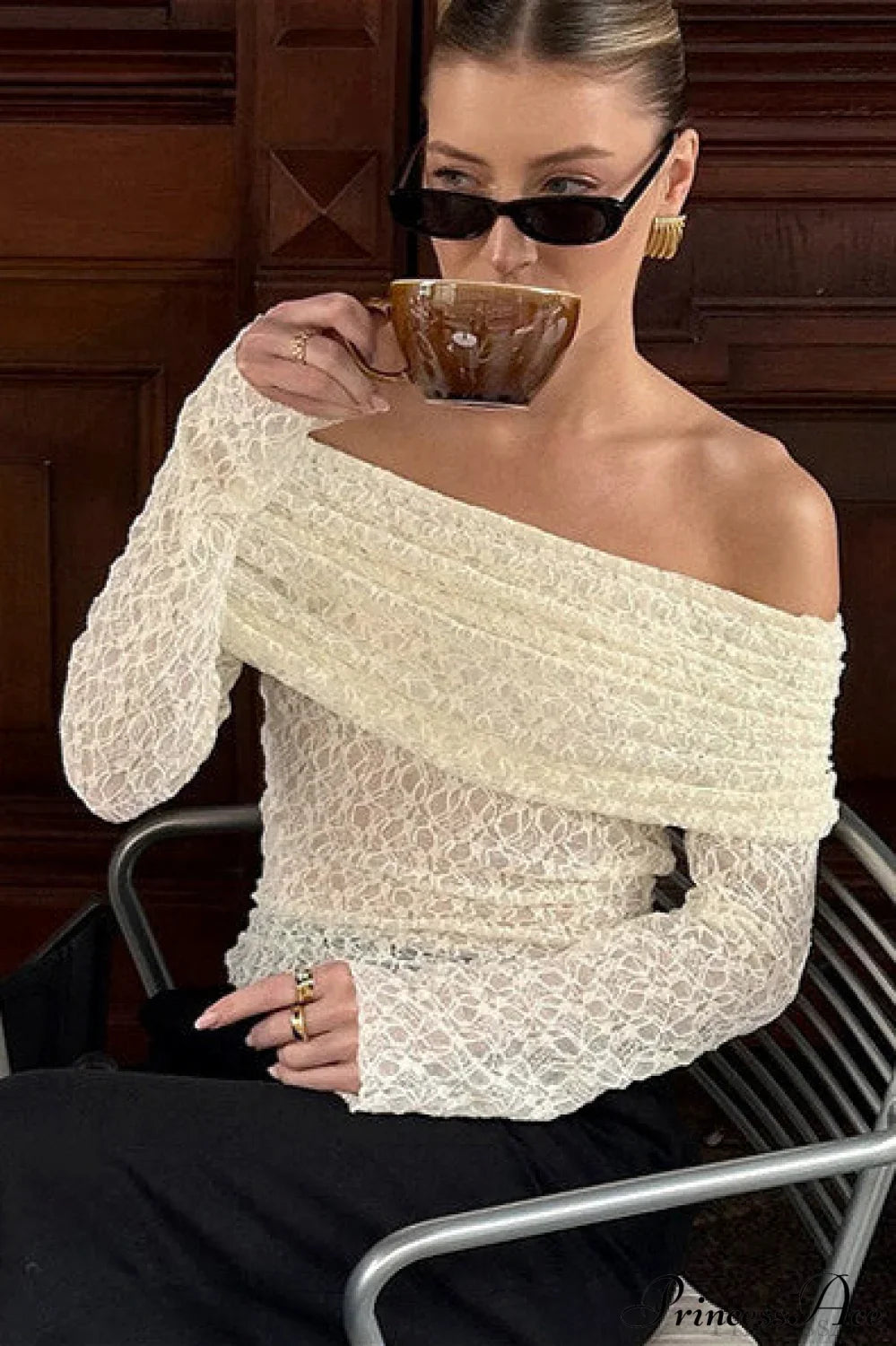 Off Shoulder Jacquard Knit Slim Long Sleeve Tee