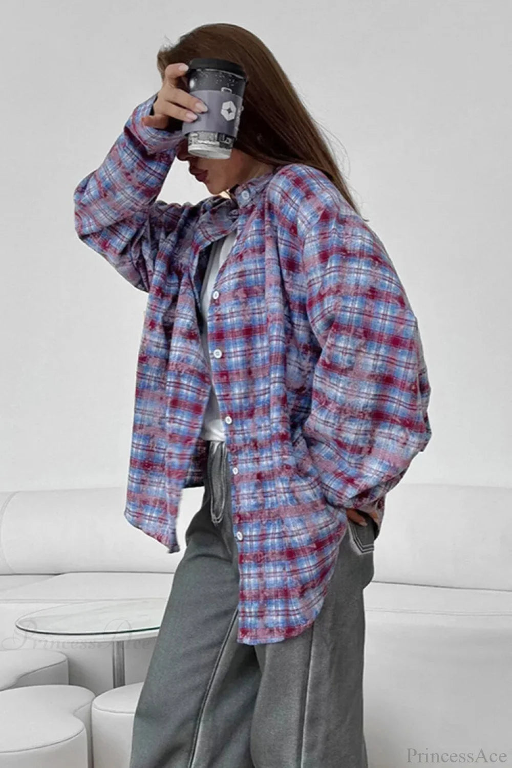 Plaid Long Sleeve Loose Casual Blouse
