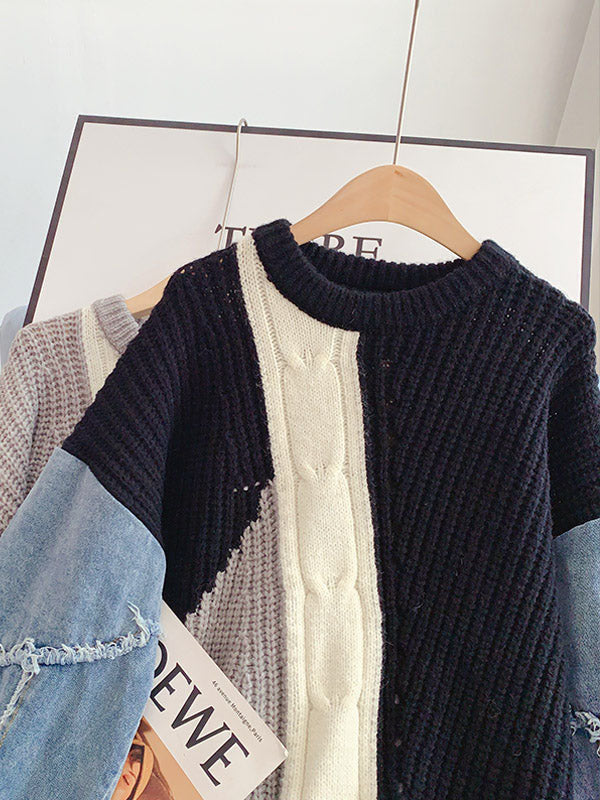 Knitted Color Block Turtleneck Modern Long Sleeve Sweater - Pink Sweaters-L