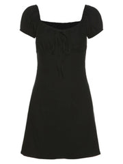 Julia Fashion - Puff Sleeve Low Collar Slim Black Elegant Simple High Street Mini Dress
