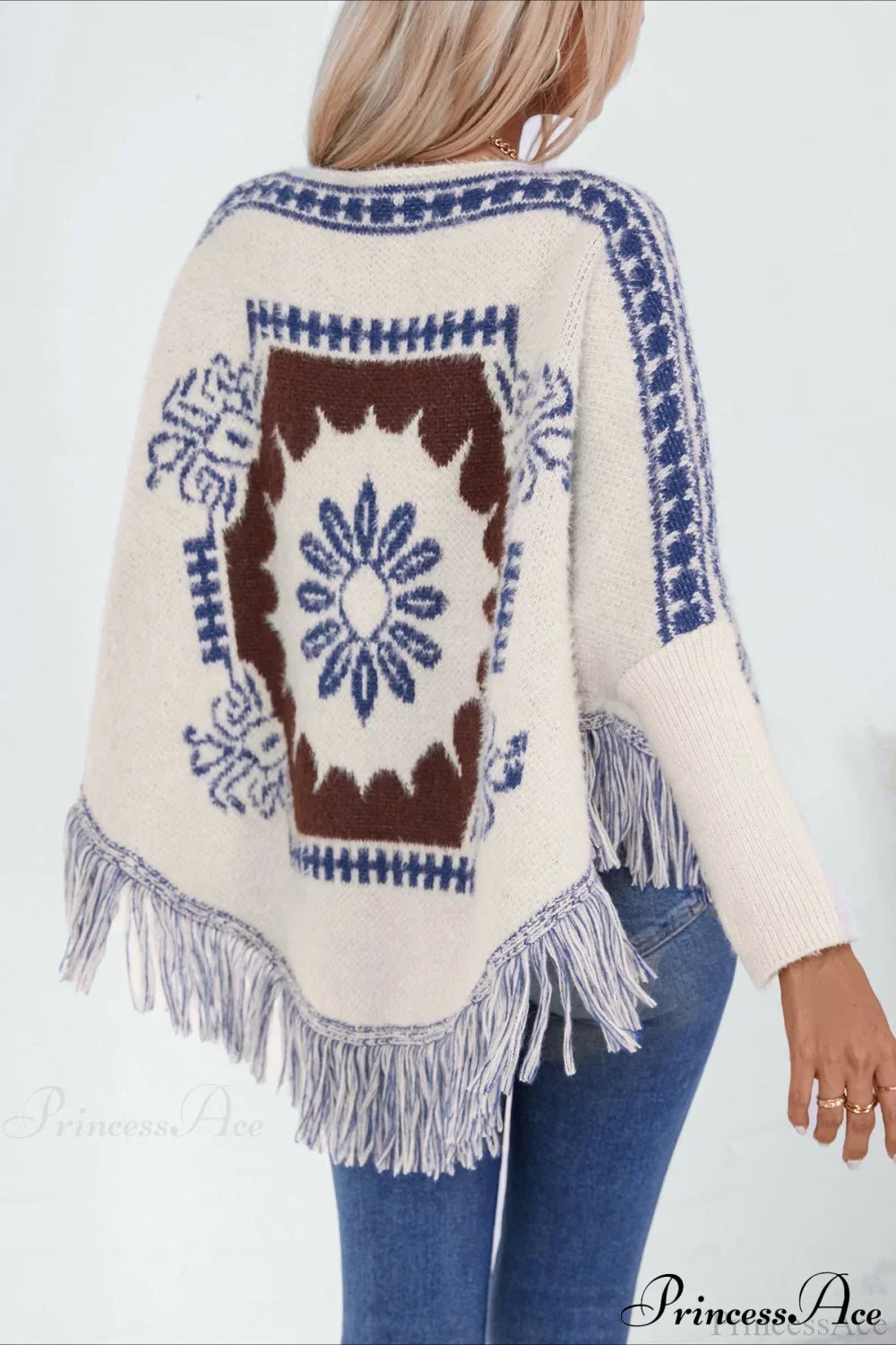 Pullover Knit Ethnic Long Sleeve Blouse Apricot / One Size