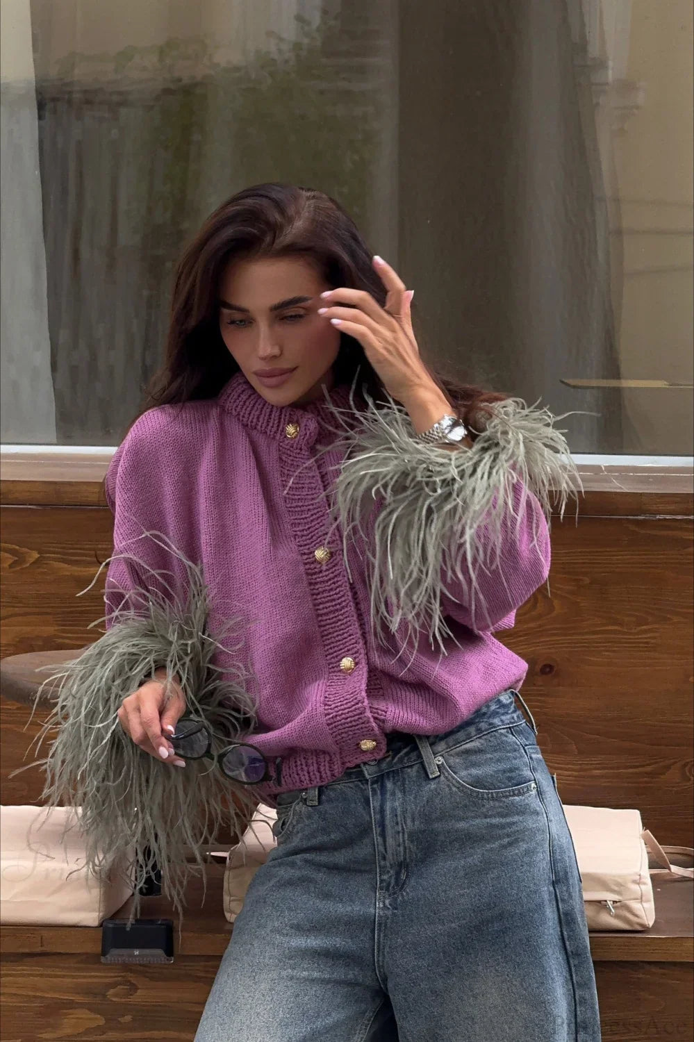 Purple Cropped Fuzzy Cuff Paneled Sweater