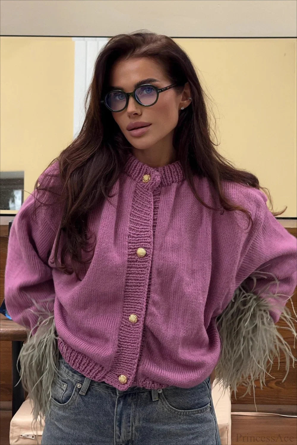 Purple Cropped Fuzzy Cuff Paneled Sweater Purple / S
