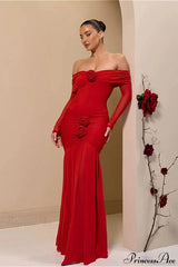 Ruched Off Shoulder Floral Bodycon Maxi Dress Red / S