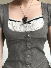 Ruffle Patchwork Buttoned Knit Top Gray / S Sweaters