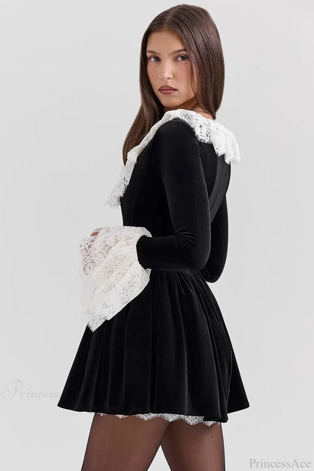 Sexy Square Neck Lace Trim Flared Sleeve Mini Dress