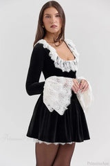Sexy Square Neck Lace Trim Flared Sleeve Mini Dress