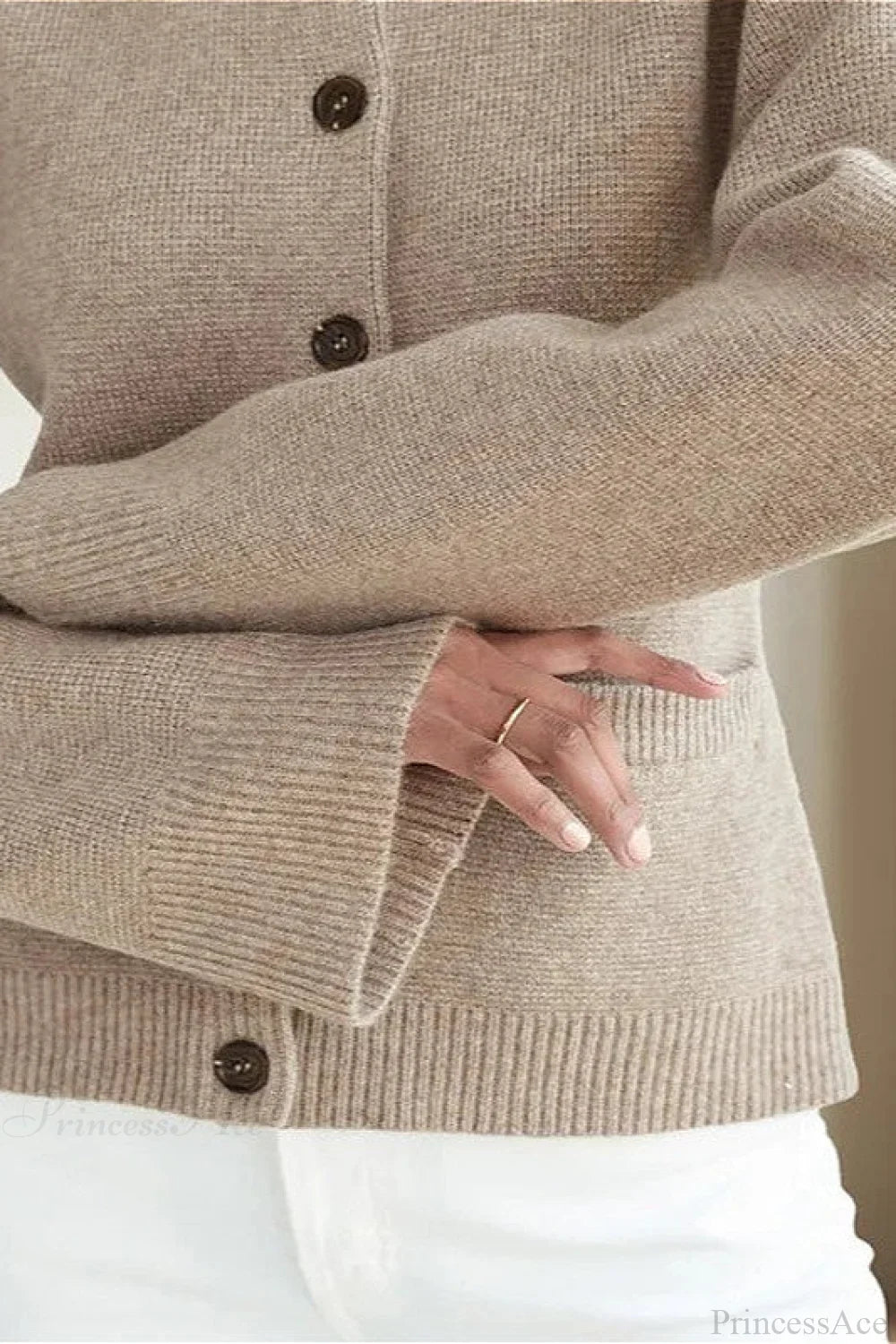 Solid Cinched Waist Elegant Minimal Cardigan Sweater Grey / S