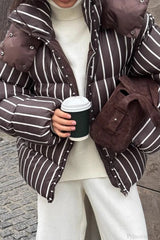 Stand Collar Striped Hooded Warm Quilted Coat