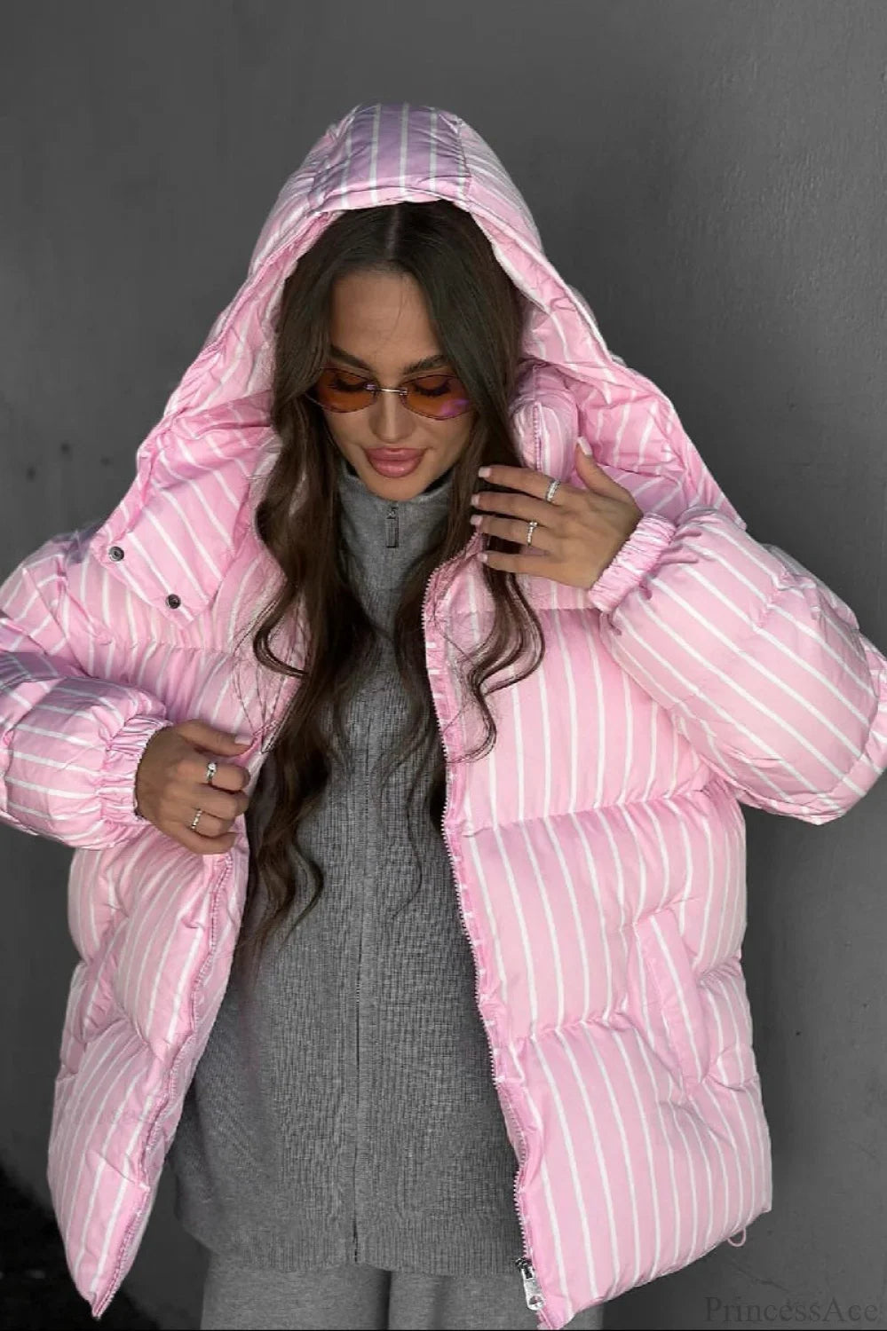 Stand Collar Striped Hooded Warm Quilted Coat Pink / S