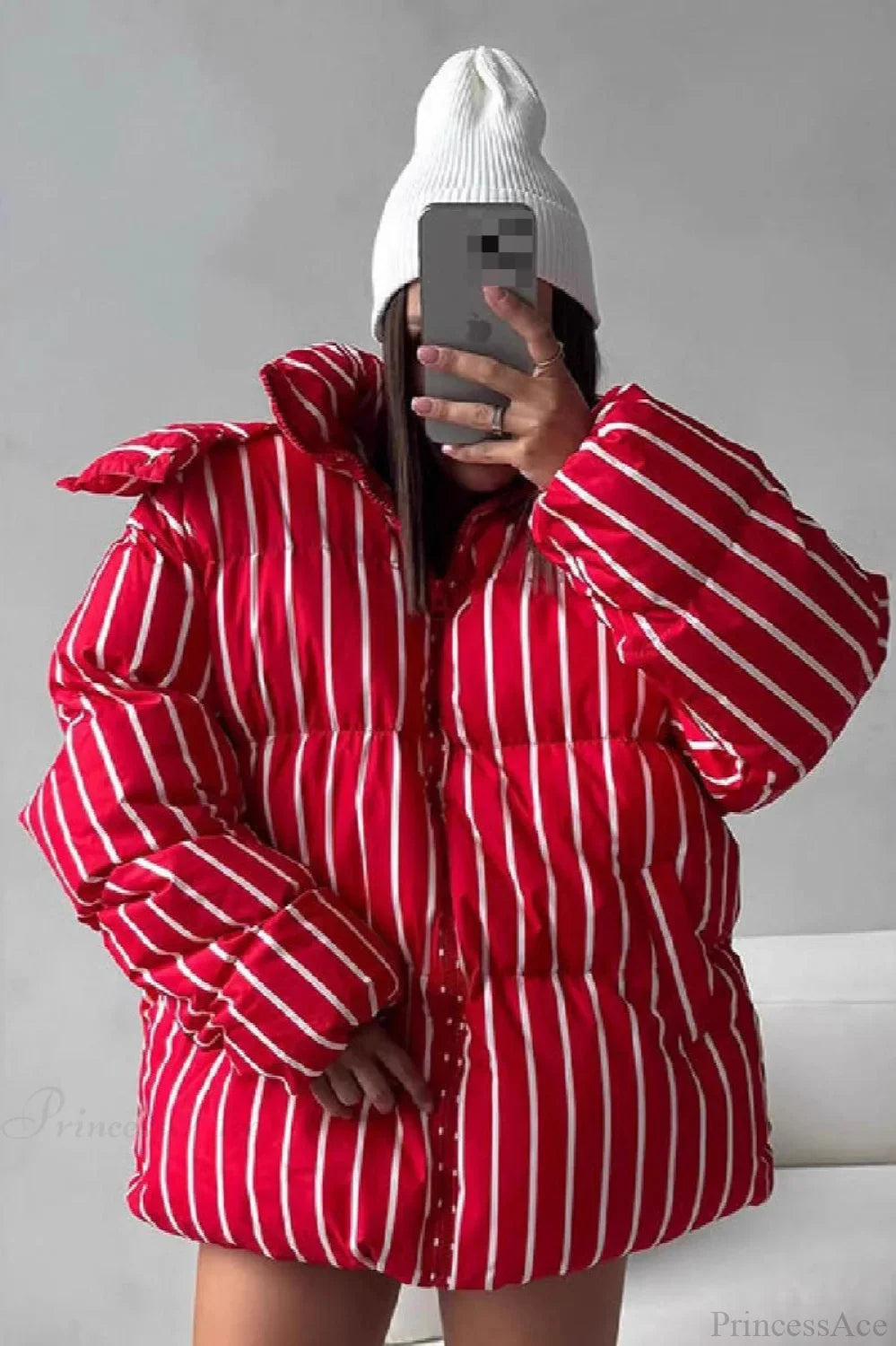 Stand Collar Striped Hooded Warm Quilted Coat Red / S
