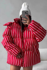 Stand Collar Striped Hooded Warm Quilted Coat Red / S
