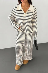 Striped Long Sleeve Pullover Wide Leg Two Piece Set