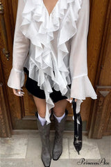 Tencel Ruffled V Neck Flared Sleeve Blouse