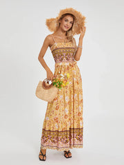 Boho Retro Floral Swing Spaghetti Straps Belted Long Floral Dress floraldress-250126