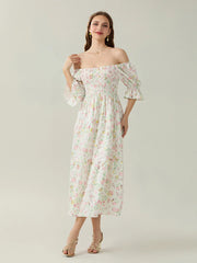 Elegant Off-Shoulder Party Half Sleeve Square Neck A-line Floral Dress floraldress-250126