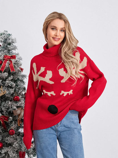 Elk Print Red Casual Long Sleeve Turtleneck Warm Christmas Sweater / S Sweaters-L
