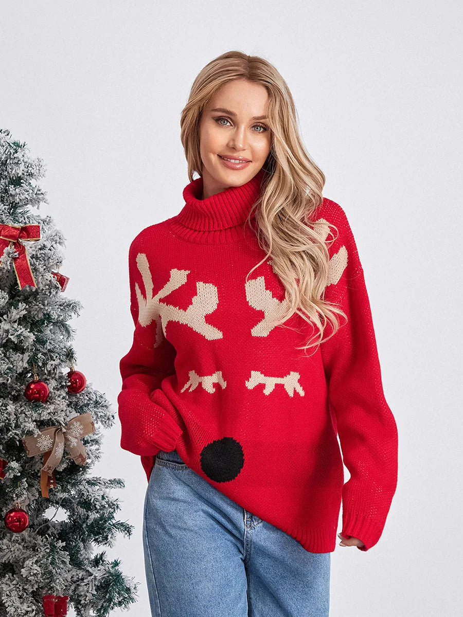 Elk Print Red Casual Long Sleeve Turtleneck Warm Christmas Sweater Sweaters-L