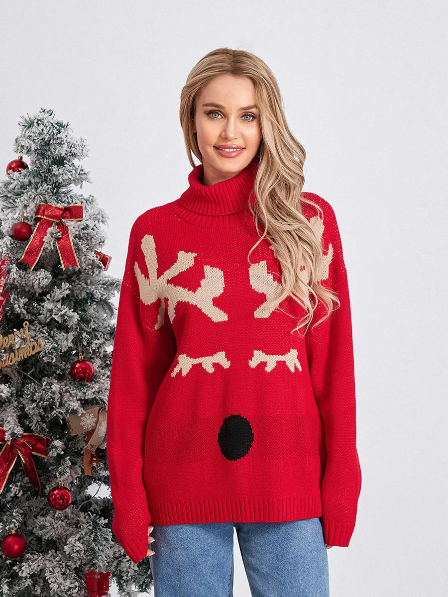 Elk Print Red Casual Long Sleeve Turtleneck Warm Christmas Sweater Sweaters-L