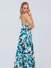 Fashion Print Spaghetti Strap Backless Sweetheart Flowy Cami Floral Dress floraldress-250126