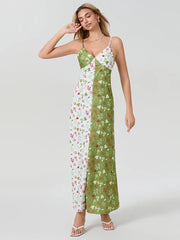 Contrast Color V-neck Spaghetti Strap Slip Floral Dress floraldress-250126