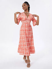 Floral Print Beach Midi Casual Flare Sleeve A-Line Ruffled Floral Dress floraldress-250126