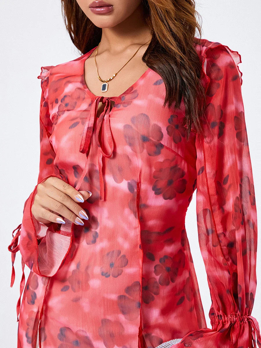 Floral Mesh Mini Dress Elegant Flare Long Sleeve Split Hem Floral Dress floraldress-250126