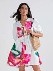 Puff Sleeve Tie-up A-Line Mini Floral Dress WHITE2 / S floraldress-250126