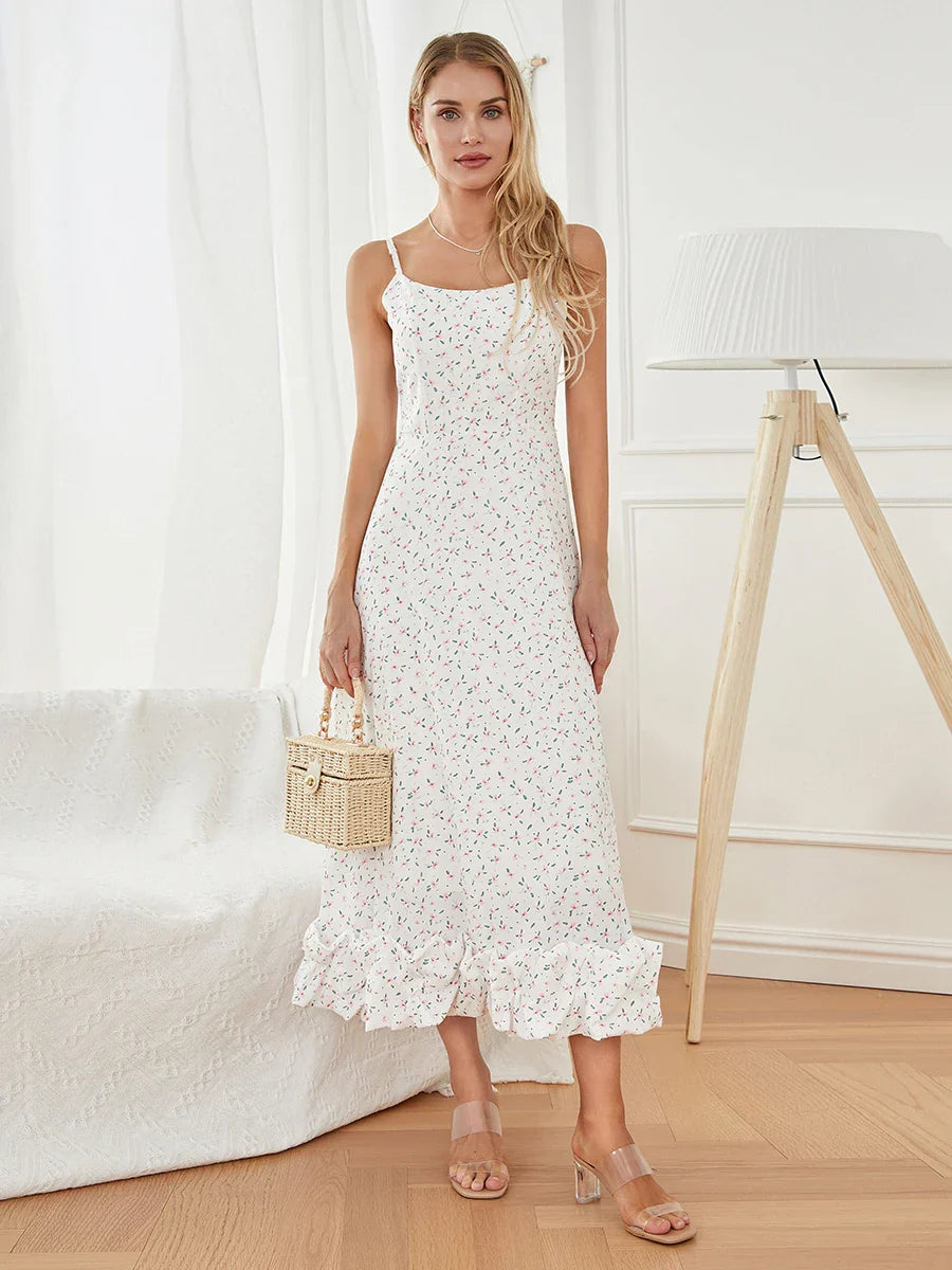 Spaghetti Strap Ruffled Long Sweet Sling Bubble Hem A-line Floral Dress floraldress-250126