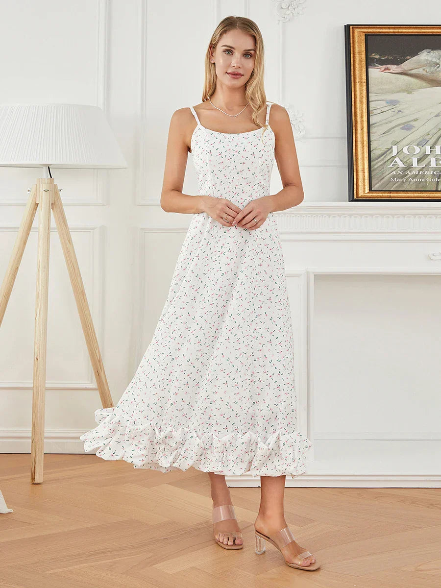 Spaghetti Strap Ruffled Long Sweet Sling Bubble Hem A-line Floral Dress floraldress-250126