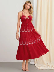 Flower Embroidery Tie-Up Halter Boho Backless A-Line Beach Dress floraldress-250126