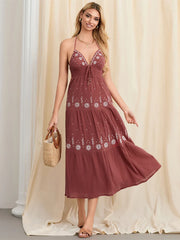 Flower Embroidery Tie-Up Halter Boho Backless A-Line Beach Dress BROWN / S floraldress-250126