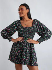 Retro Floral Print Ruffled Trim Square Neck A-Line Short Floral Dress Black / S floraldress-250126