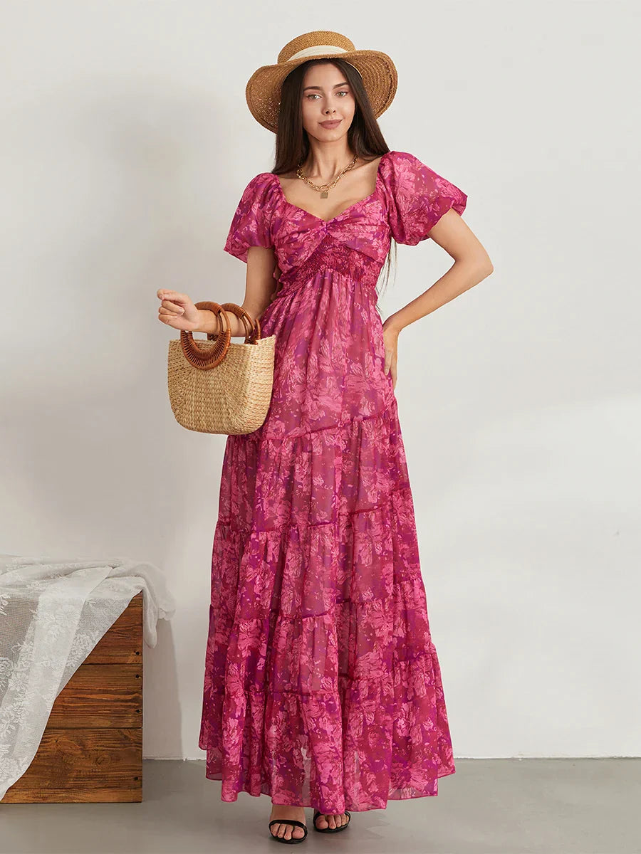 Retro Floral Print Swing Puff Short Sleeve Sweetheart Neck A-Line Beach Dress RED1 / S floraldress-250126