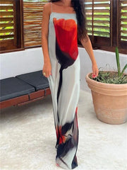 See-Through Abstract Floral Spaghetti Strap Loose Beach Holiday Dress floraldress-250126