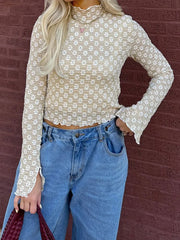 Floral Sheer Mock Neck Long Sleeve Lettuce Hem Crop Top croptop-250126
